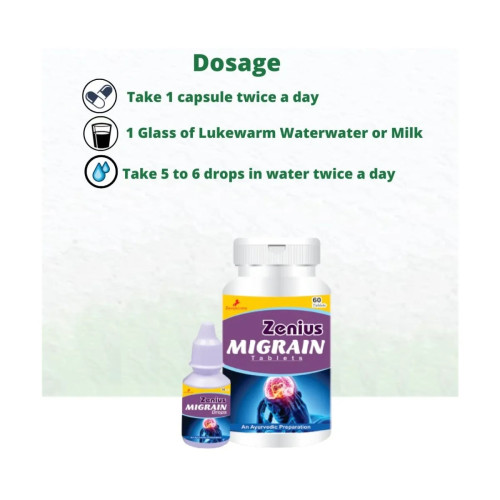 Zenius India Migrain  Tablets + Migrain Drops (60 Tablets + 30ml Drops) (1Pack)