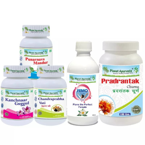 Planet Ayurveda Pradrantak Churna + Chandraprabha Vati + Punarnava Mandur + Kanchnaar Guggul + Femo Plan Syrup (100g + 120 Tablets Each + 200ml) (1Pack)