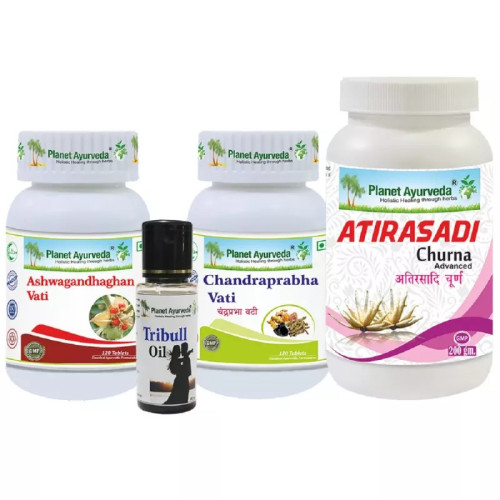 Planet Ayurveda Atirasadi Churna + Chandraprabha Vati + Tri-Bull Oil + Ashwagandhaghan Vati (200g + 120 Tablets + 50ml 120  Tablets) (1Pack)
