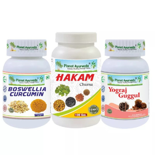 Planet Ayurveda Boswellia curcumin + Yograj Guggul + Hakam Churan (60 Capsules + 120 Tablets + 100g) (1Pack)