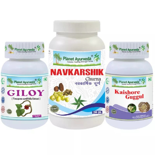 Planet Ayurveda Kaishore Guggul + Navkarshik Churna + Giloy  Capsules (120 Tablets + 200g + 60 Capsules) (1Pack)