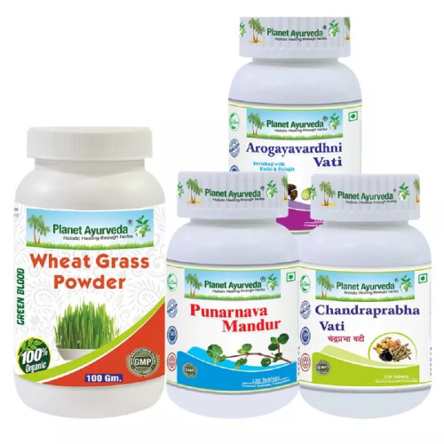 Planet Ayurveda Chandraprabha Vati + Wheat Grass Powder + Arogayavardhni Vati + Punarnava Mandur (Each 120 Tablets + 100g ) (1Pack)