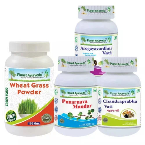 Planet Ayurveda Chandraprabha Vati + Wheat Grass Powder + Arogayavardhni Vati + Punarnava Mandur (Each 120 Tablets + 100g ) (1Pack)