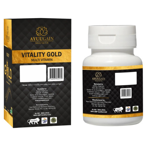 Ayuugain Vitality Gold Caspule with Pure Swarna Bhasma for Stamina, Power, Strength and Energy (60cap)