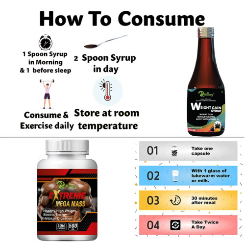 Riffway Weight Gain Syrup + Extreme Mega Mass  Capsules (200ml+30 Capsules) (1Pack)