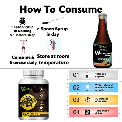 Riffway Weight Gain Syrup + Gain Muscels Pro  Capsules (200ml+30 Capsules) (1Pack)