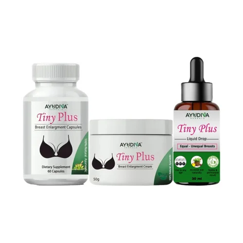Ayudiva Herbals Tiny Plus Breast Enlargement  Capsules + Tiny Plus Breast Enhancement Cream + Tiny Plus Liquid Drops (60Cap + Cream 50g + Drops 30ml) (1Pack)