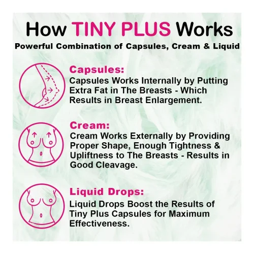Ayudiva Herbals Tiny Plus Breast Enlargement  Capsules + Tiny Plus Breast Enhancement Cream + Tiny Plus Liquid Drops (60Cap + Cream 50g + Drops 30ml) (1Pack)