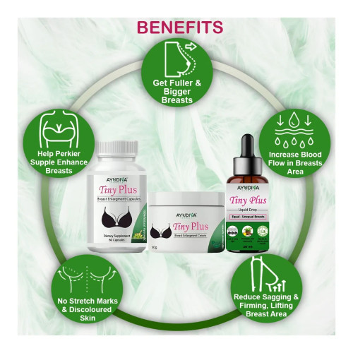 Ayudiva Herbals Tiny Plus Breast Enlargement  Capsules + Tiny Plus Breast Enhancement Cream + Tiny Plus Liquid Drops (60Cap + Cream 50g + Drops 30ml) (1Pack)