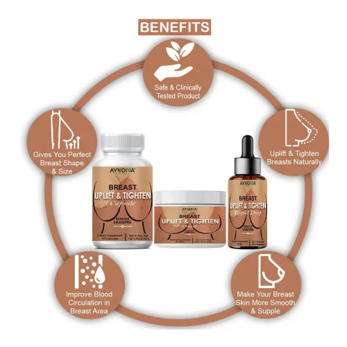 Ayudiva Herbals Breast Uplift & Tighten  Capsules + Breast Uplift & Tighten Cream + Breast Uplift & Tighten Liquid Drops (60 Capsules + Cream 50g + Drops 30ml) (1Pack)