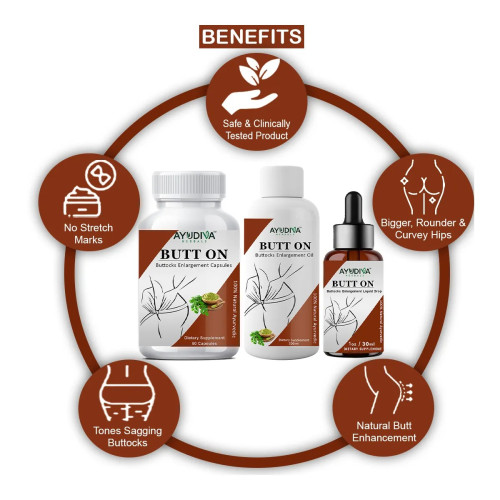 Ayudiva Herbals Butt On Buttocks Enlargement  Capsules + Butt On Buttocks Enlargement Oil + Butt On Buttocks Enlargement Liquid Drops (60 Capsules + Oil 200ml + Drops 30ml) (1Pack)