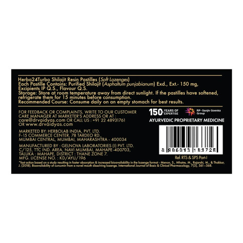 Dr Vaidyas Herbo24Turbo Shilajit Resin Lozenges (Pastilles) (Mint Flavour) (30pcs)