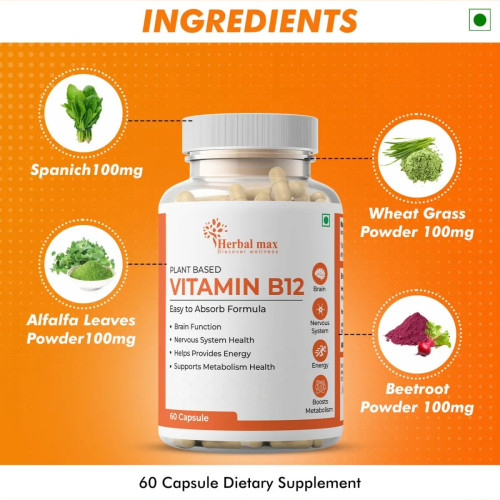 Herbal Max Plant Based Vitamin B12  Capsules (60 Capsules)