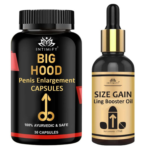 Intimify Big Hood Penis Enlargement  Capsules + Size Gain Ling Booster Oil (30  Capsules + 15 ml) (1Pack)