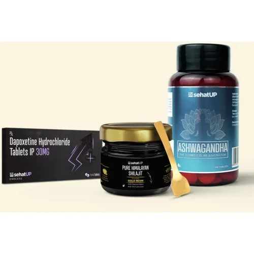 SehatUP Dapoxetine Hydrochloride  Tablets Ip (30mg) + Shilajit Gold Resin + Ashwagandha  Tablets  (4 Tablets + 20g + 60 Tablets) (1Pack)