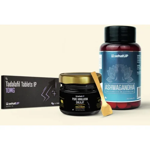 SehatUP Tadalafil  Tablets Ip (10mg) + Shilajit Gold Resin + Ashwagandha  Tablets (4 Tablets + 20g + 60 Tablets) (1Pack)