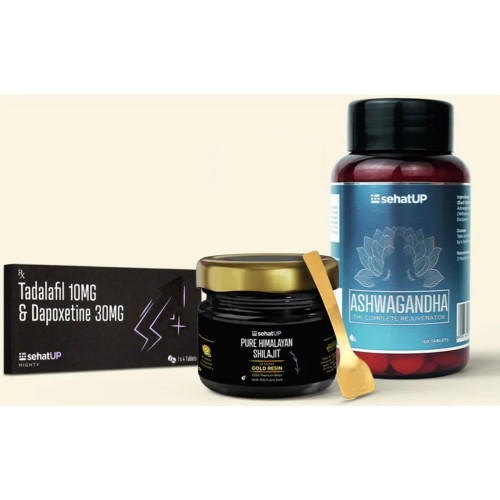 SehatUP Tadalafil & Dapoxetine  Tablets (10mg/30mg) + Shilajit Gold Resin + Ashwagandha  Tablets  (4 Tablets + 20g + 60 Tablets) (1Pack)