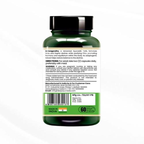 Deep Ayurveda Ashwagandha Vegan  Capsulesule For Stress Relief (60cap)