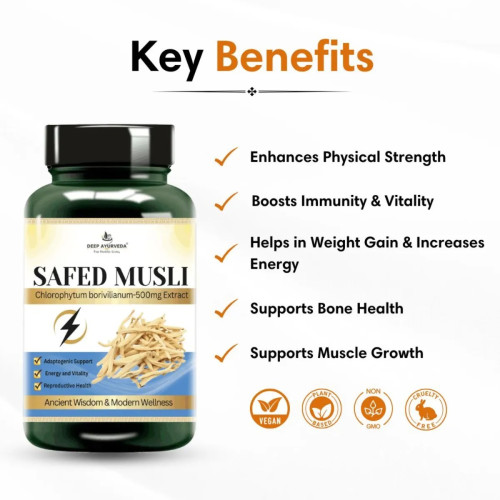 Deep Ayurveda Safed Musli Extract Vegan  Capsules For Enhances Stamina (60cap)