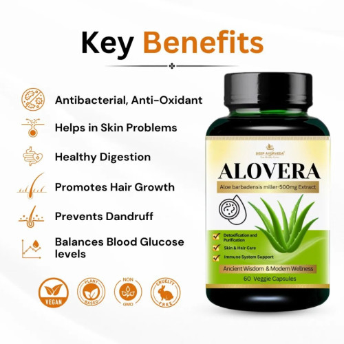 Deep Ayurveda Aloevera Vegan  Capsules For Supports Skin Health (60cap)