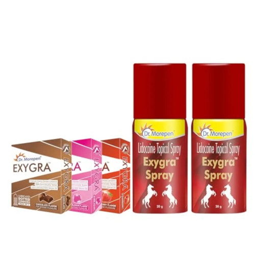 Dr Morepen Exygra Condom Dotted + Exygra Spray (Chocolate, Strawberry And Bubblegum Condom Each 3Pcs + Spray 20Gm Pack Of 2) (1Pack, Pack of 5)