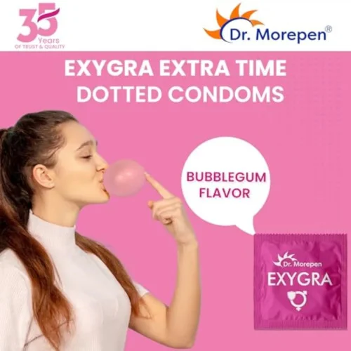 Dr Morepen Exygra Condom Dotted + Exygra+ Delay Spray (Chocolate, Strawberry And Bubblegum Condom Each 3Pcs + Spray 20Gm Pack Of 2) (1Pack)