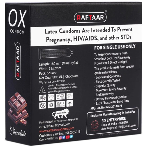 Raftaar Ox Chocolate Flavoured Ultrathin Extra Time Condoms (3pcs, Pack of 4)