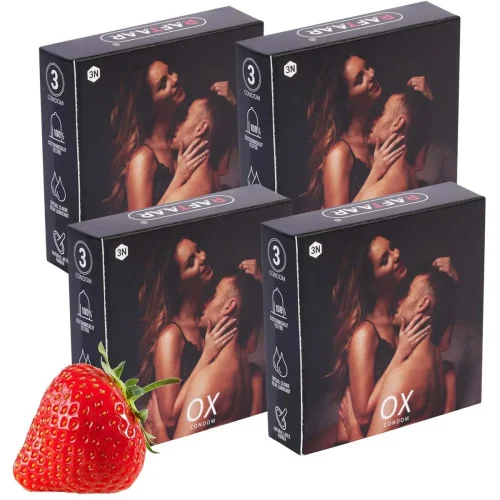 Raftaar Ox Strawberry Flavoured Extra Time Condoms (3pcs, Pack of 4)