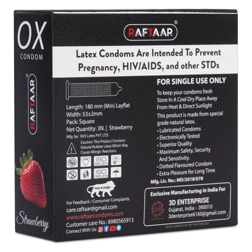 Raftaar Ox Strawberry Flavoured Extra Time Condoms (3pcs, Pack of 6)