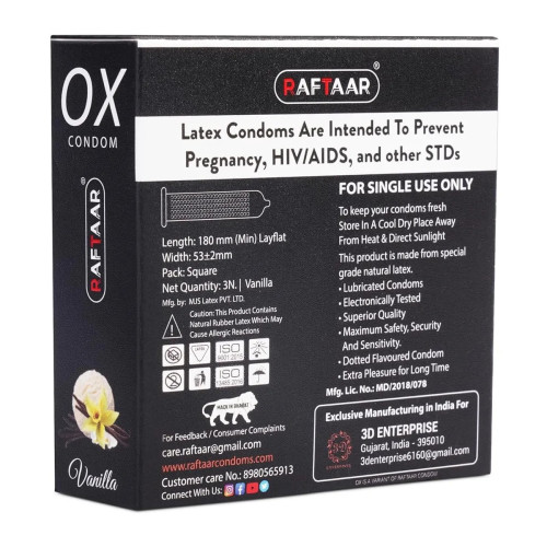 Raftaar Ox Vanilla Flavoured Condoms (3pcs, Pack of 6)