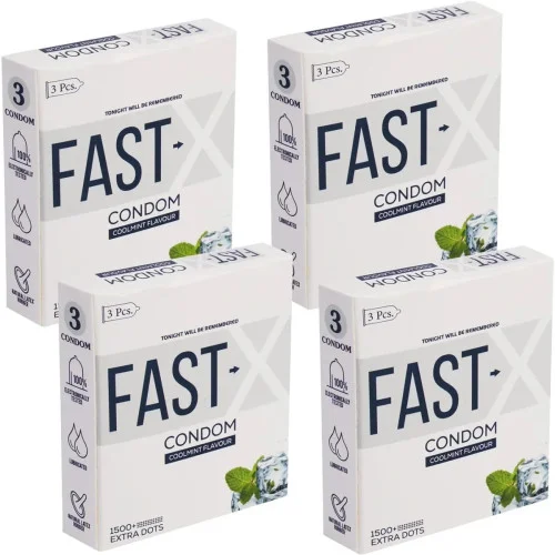 Raftaar Fast X Coolmint Flavoured 1500+ Extra Dots Condoms (3pcs, Pack of 4)