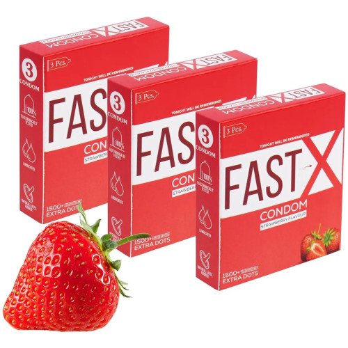 Raftaar Fast X Strawberry Flavoured 1500+ Dots Extra Condoms (3pcs, Pack of 3)