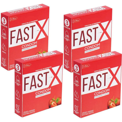 Raftaar Fast X Strawberry Flavoured 1500+ Dots Extra Condoms (3pcs, Pack of 4)
