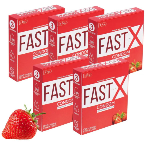 Raftaar Fast X Strawberry Flavoured 1500+ Dots Extra Condoms (3pcs, Pack of 5)
