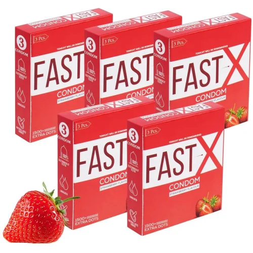 Raftaar Fast X Strawberry Flavoured 1500+ Dots Extra Condoms (3pcs, Pack of 5)