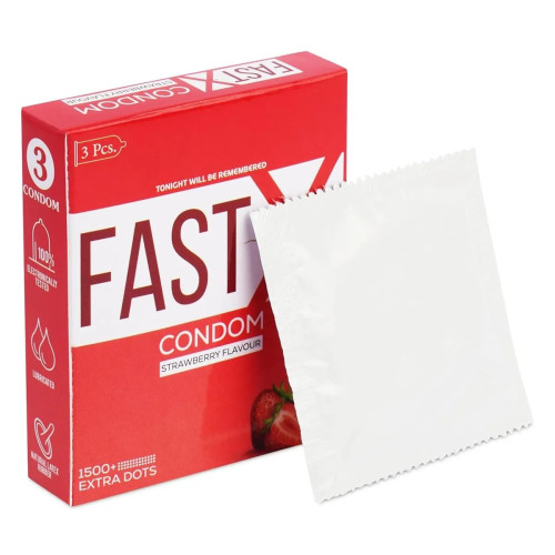 Raftaar Fast X Strawberry Flavoured 1500+ Dots Extra Condoms (3pcs, Pack of 5)