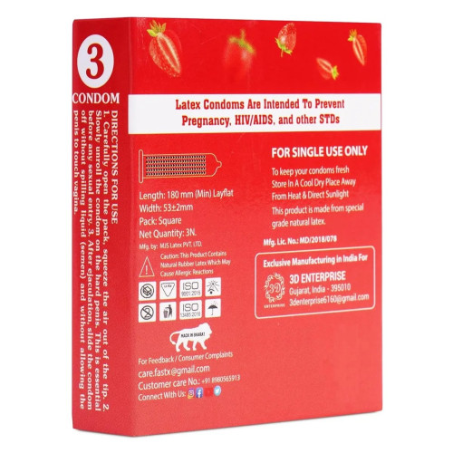 Raftaar Fast X Strawberry Flavoured 1500+ Dots Extra Condoms (3pcs, Pack of 5)