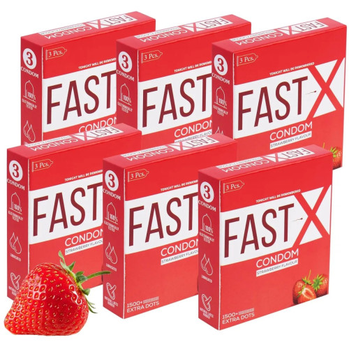 Raftaar Fast X Strawberry Flavoured 1500+ Dots Extra Condoms (3pcs, Pack of 6)