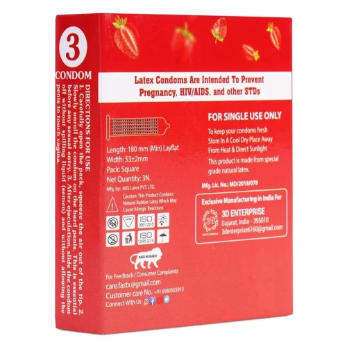 Raftaar Fast X Strawberry Flavoured 1500+ Dots Extra Condoms (3pcs, Pack of 6)