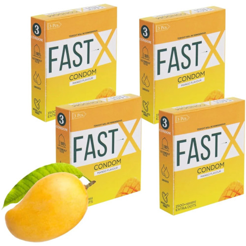 Raftaar Fast X Mango Flavoured 1500+ Extra Dots Condoms (3pcs, Pack of 4)