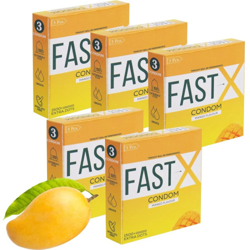 Raftaar Fast X Mango Flavoured 1500+ Extra Dots Condoms (3pcs, Pack of 5)