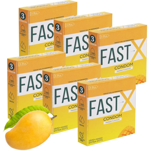 Raftaar Fast X Mango Flavoured 1500+ Extra Dots Condoms (3pcs, Pack of 6)