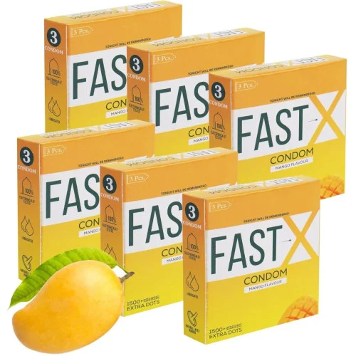 Raftaar Fast X Mango Flavoured 1500+ Extra Dots Condoms (3pcs, Pack of 6)