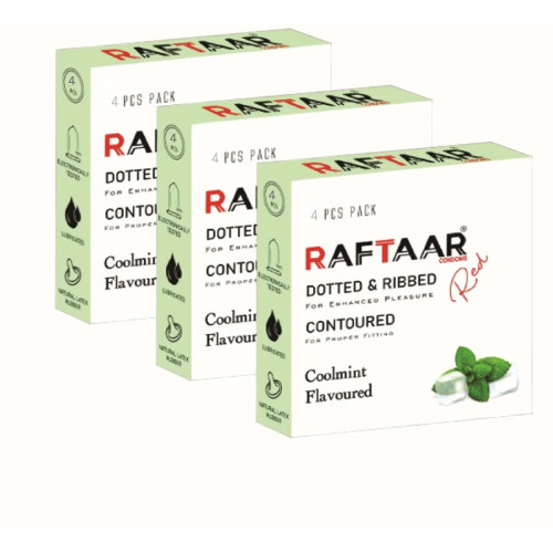 Raftaar Dotted & Ribbed Contoured Coolmint Flavoured Condoms (4pcs, Pack of 3)
