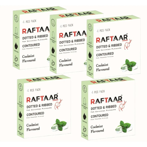 Raftaar Dotted & Ribbed Contoured Coolmint Flavoured Condoms (4pcs, Pack of 5)
