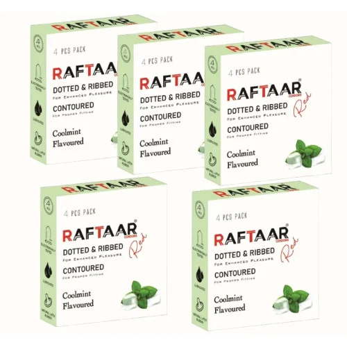 Raftaar Dotted & Ribbed Contoured Coolmint Flavoured Condoms (4pcs, Pack of 5)