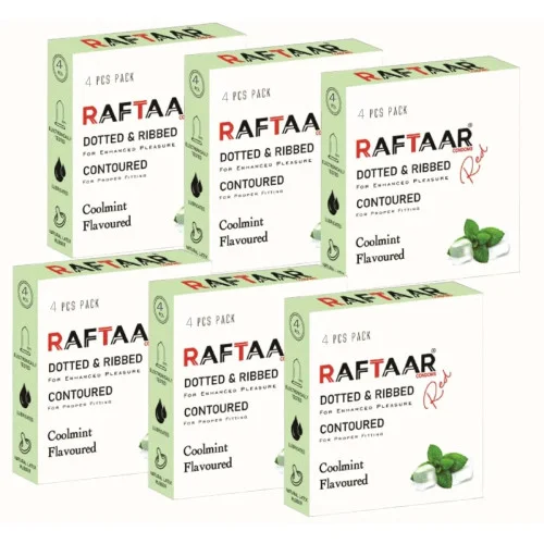 Raftaar Dotted & Ribbed Contoured Coolmint Flavoured Condoms (4pcs, Pack of 6)