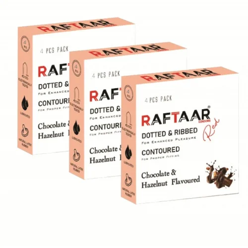 Raftaar Dotted & Ribbed Contoured Chocolate & Hazelnut Flavoured Condoms (4pcs, Pack of 3)