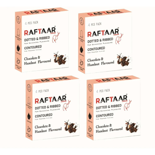 Raftaar Dotted & Ribbed Contoured Chocolate & Hazelnut Flavoured Condoms (4pcs, Pack of 4)