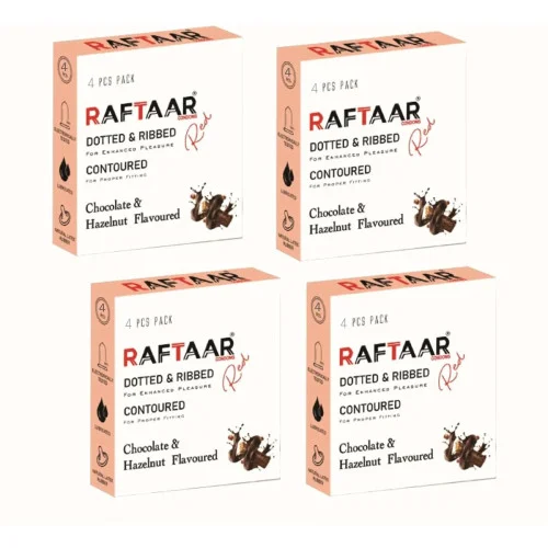 Raftaar Dotted & Ribbed Contoured Chocolate & Hazelnut Flavoured Condoms (4pcs, Pack of 4)